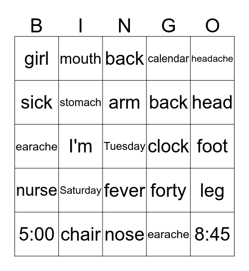You're Sick Unit Bingo Card