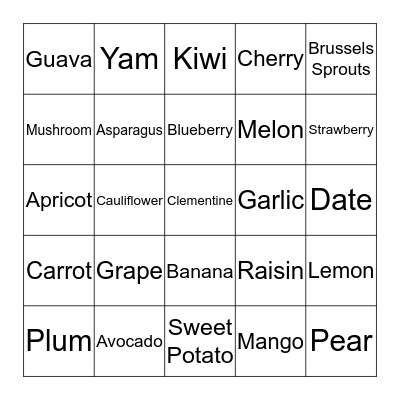 Fruits & Vegetables A-Z Bingo Card