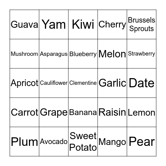 Fruits & Vegetables A-Z Bingo Card