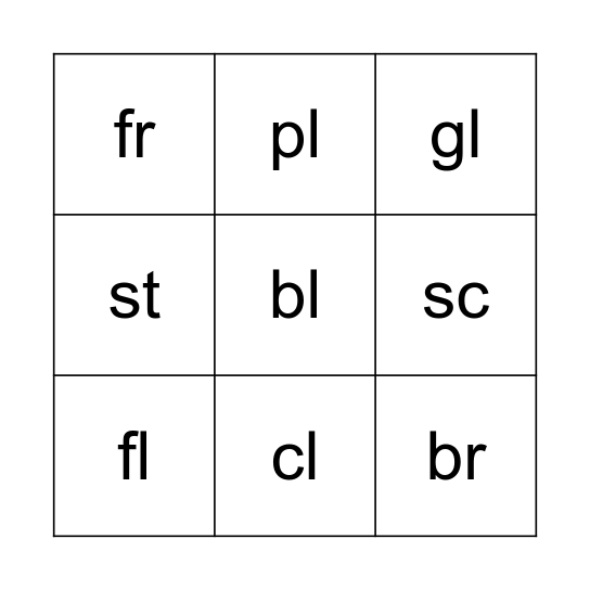 Consonant Cluster Bingo Card