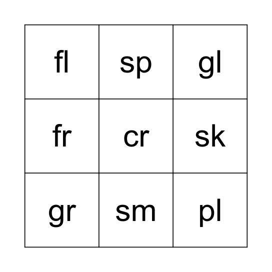 Consonant Cluster Bingo Card