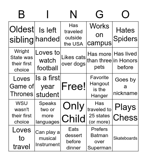 Roommate Game Bingo 1 Bingo Card