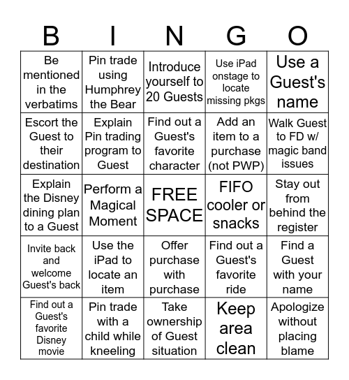 Guest Service Principles Bingo Card