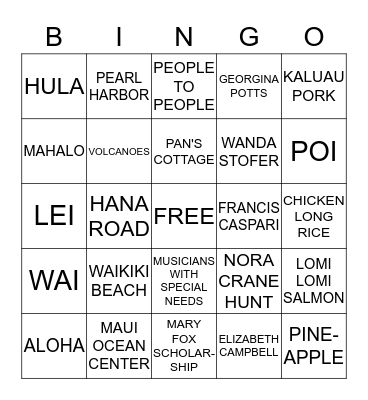 SAI HAWAIIAN BINGO Card