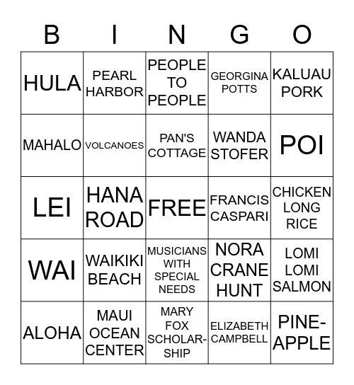 SAI HAWAIIAN BINGO Card