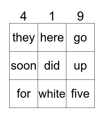 Sight Words Bingo Card