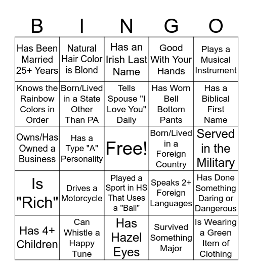 Getting To Know You Bingo Card