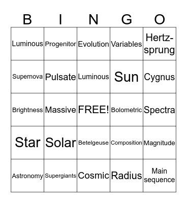 Supergiants Bingo Card