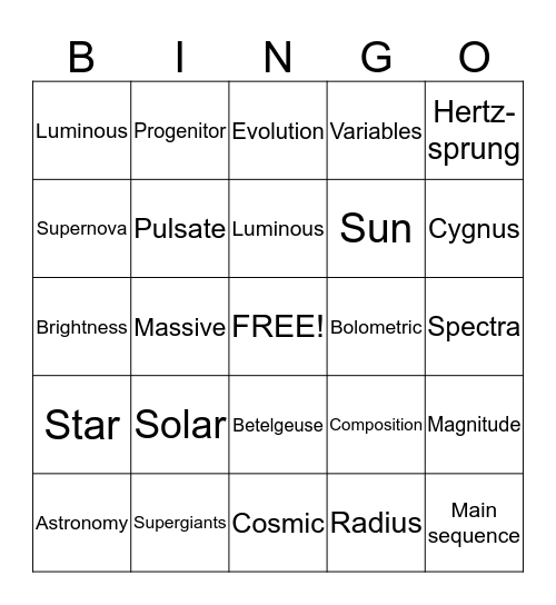 Supergiants Bingo Card