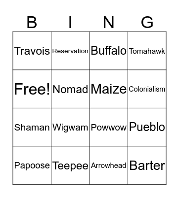 Native American Bingo Card