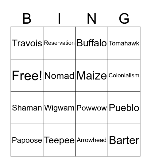Native American Bingo Card