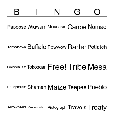 Native American Bingo Card