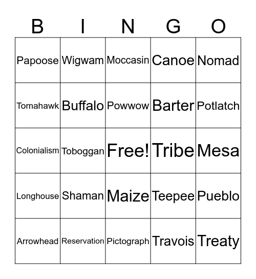 Native American Bingo Card