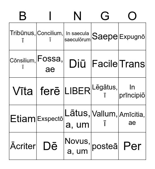 Latin Bingo Card