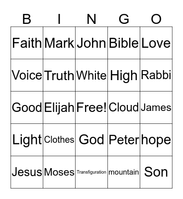 Transfiguration Sunday Bingo Card