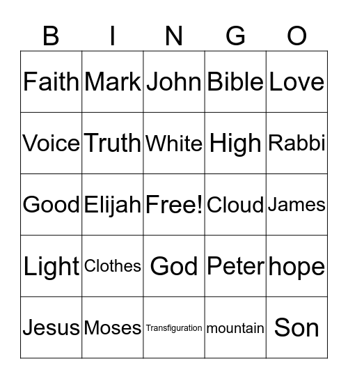 Transfiguration Sunday Bingo Card