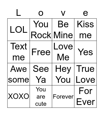 Love Bingo  Bingo Card