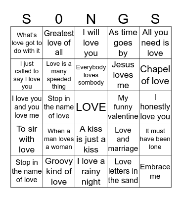 Love songs Bingo Card