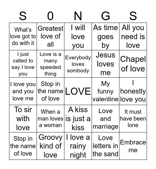 Love songs Bingo Card