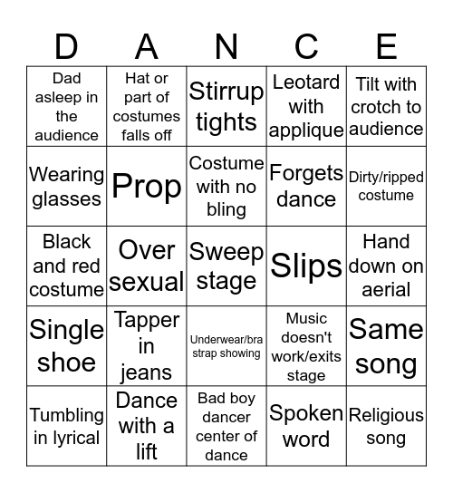 Dance Competition Bingo Card