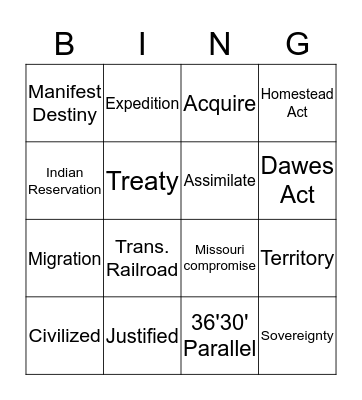 US Westward Expansion  Bingo Card