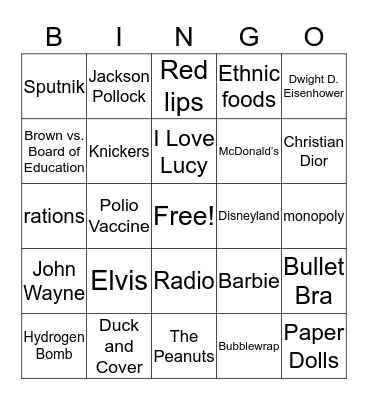 1950's bingo Card