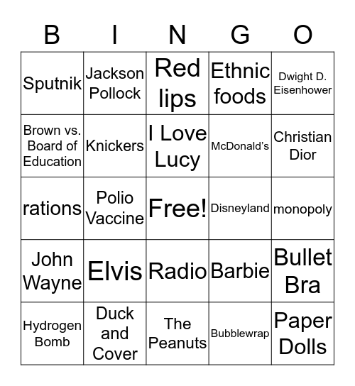 1950's bingo Card