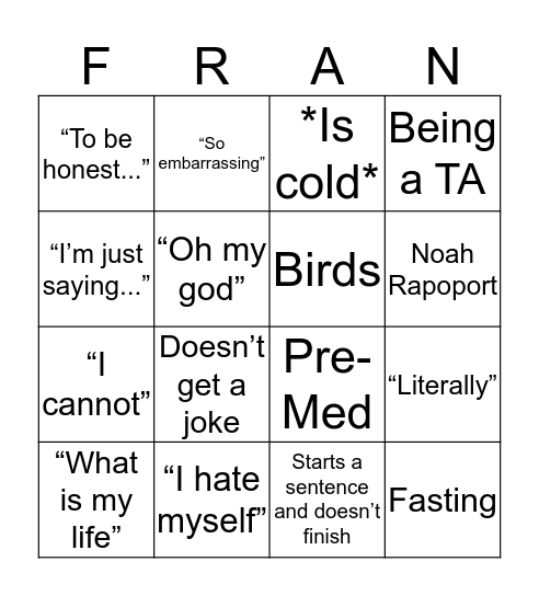 FRAN-GO (FRINGO?) Bingo Card