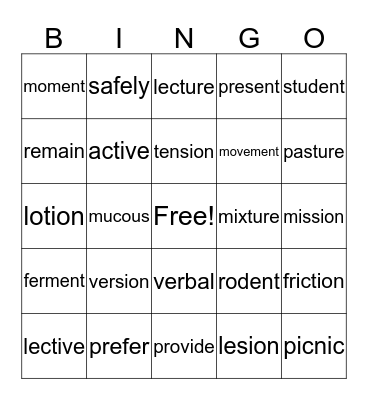 Syllable Bingo Card