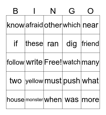 The Yellow Monster  &  High Frequency Words Bingo Card