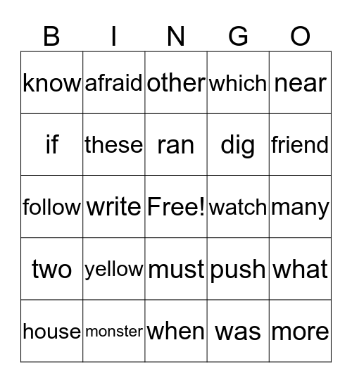 The Yellow Monster  &  High Frequency Words Bingo Card