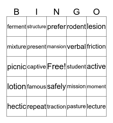 Syllable Bingo Card