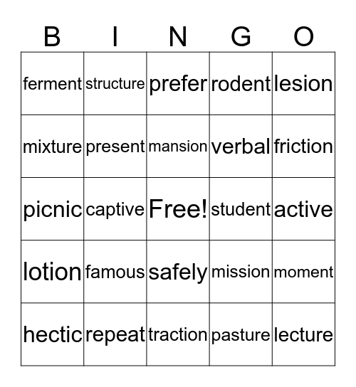 Syllable Bingo Card