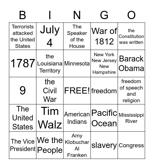 Citizenship Bingo #1 Bingo Card