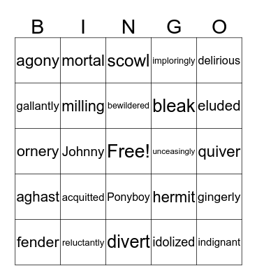 Outsiders Vocabulary Bingo Card