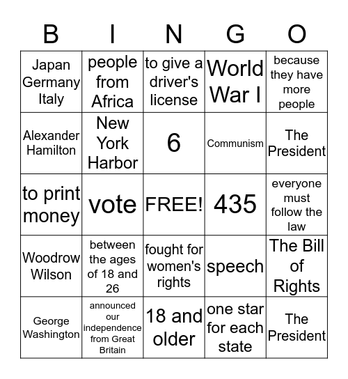 Citizenship Bingo #2 Bingo Card