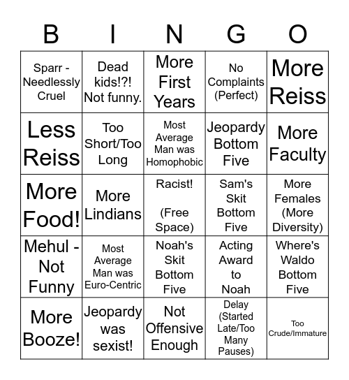 Skit Night Comment Bingo Card Bingo Card