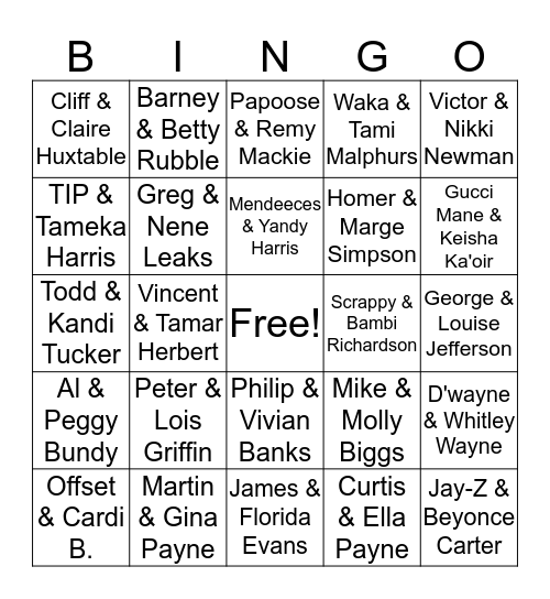 Famous TV Couples Bingo Card