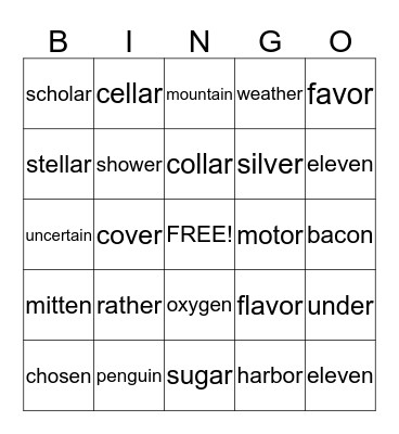 Unaccented Final Syllables  Bingo Card