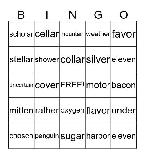 Unaccented Final Syllables  Bingo Card