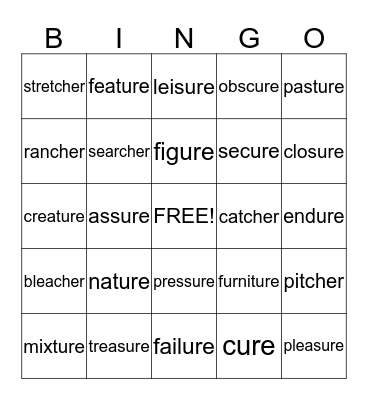 Unaccented Final Syllables (ure, sure, ture, cher) Bingo Card