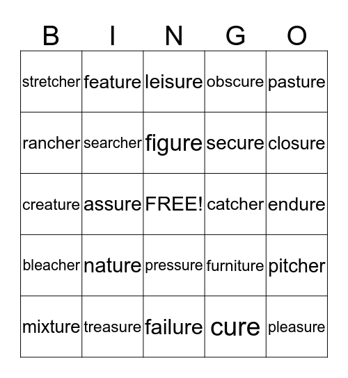 Unaccented Final Syllables (ure, sure, ture, cher) Bingo Card