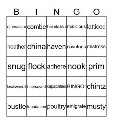 Vocabulary Quiz 5 Bingo Card