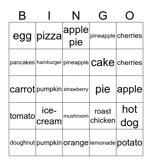 Bingo Card Food Bingo Card