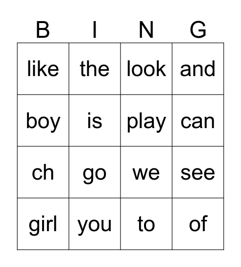 Kindergarten Bingo Card