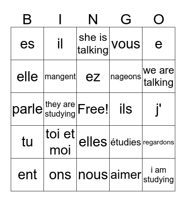 ER Verbs & Pronouns Bingo Card