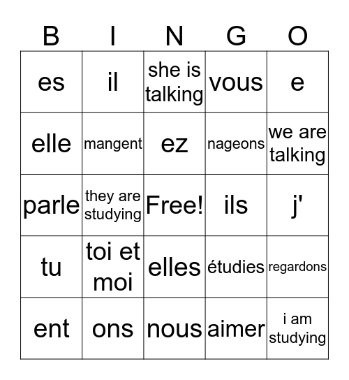 Er Verbs Pronouns Bingo Card