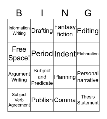 Writing and Grammar  Bingo Card