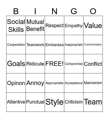 Working Together Vocabulary Bingo Card