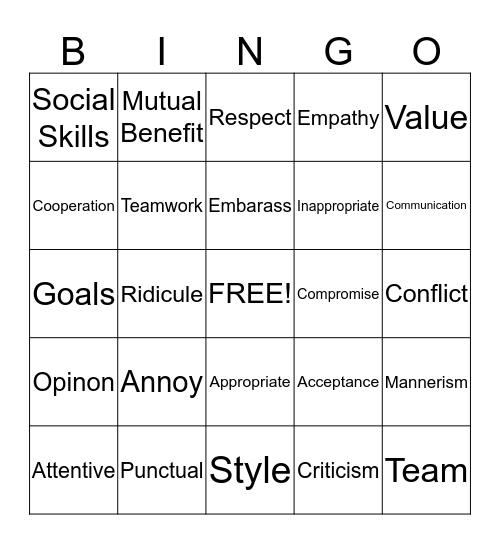 Working Together Vocabulary Bingo Card